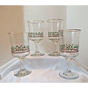 4 Arby's Christmas  Water Goblet Holly  Berries Gold Trim  6"3/4x3"1/4 No